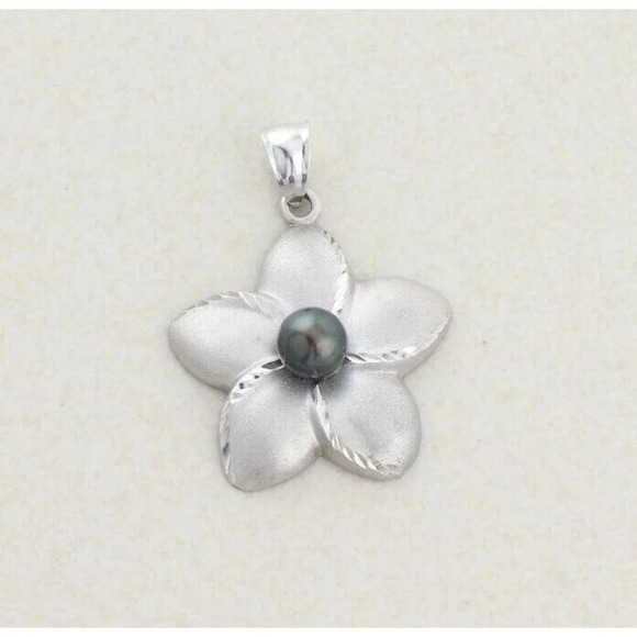Unbranded Jewelry - Pendant Only Large 14k White Gold Black Pearl Plumeria Flower Pendant